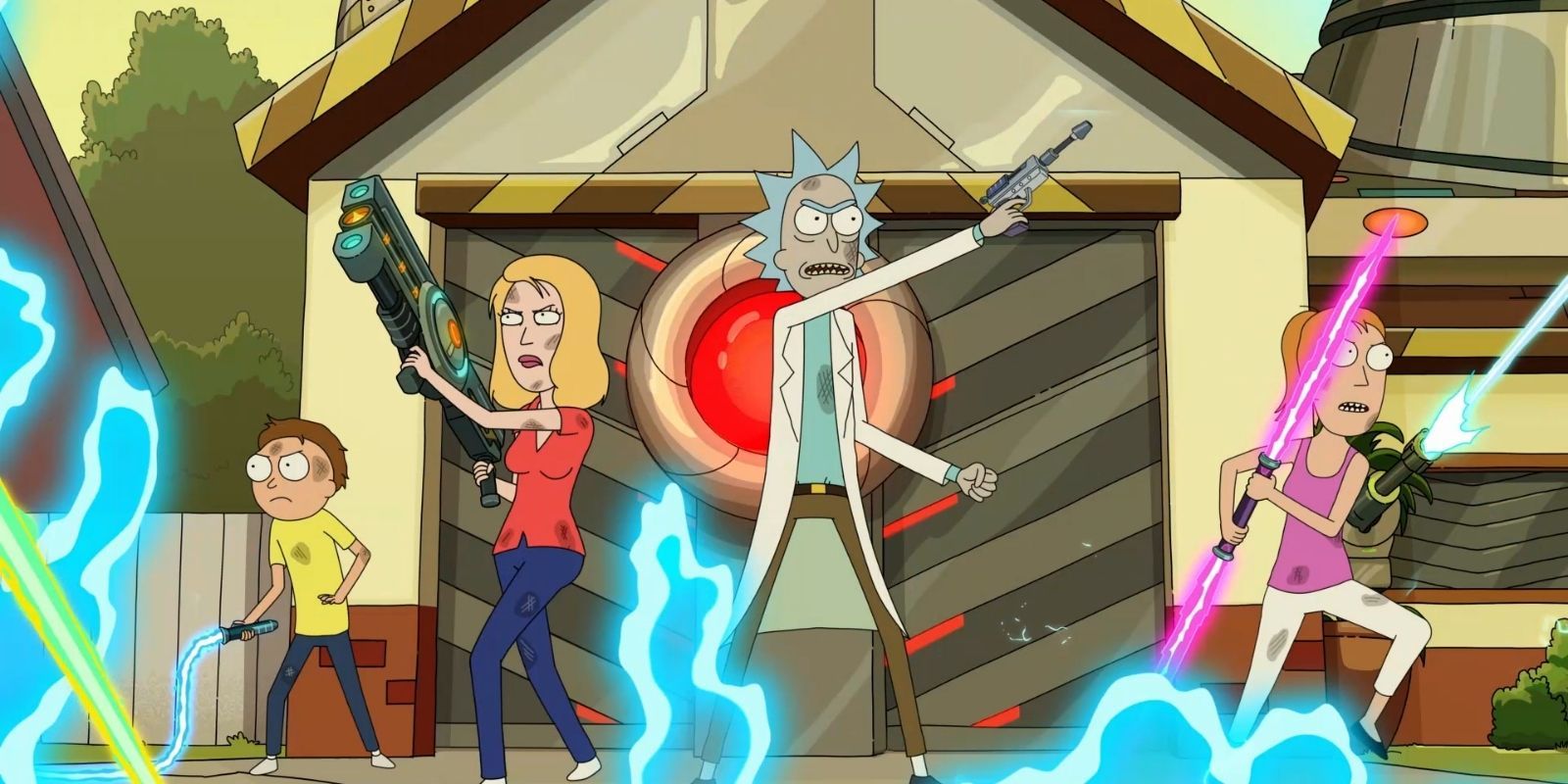 Rick, Morty, Beth and Summer holding weapons, engaged in battle