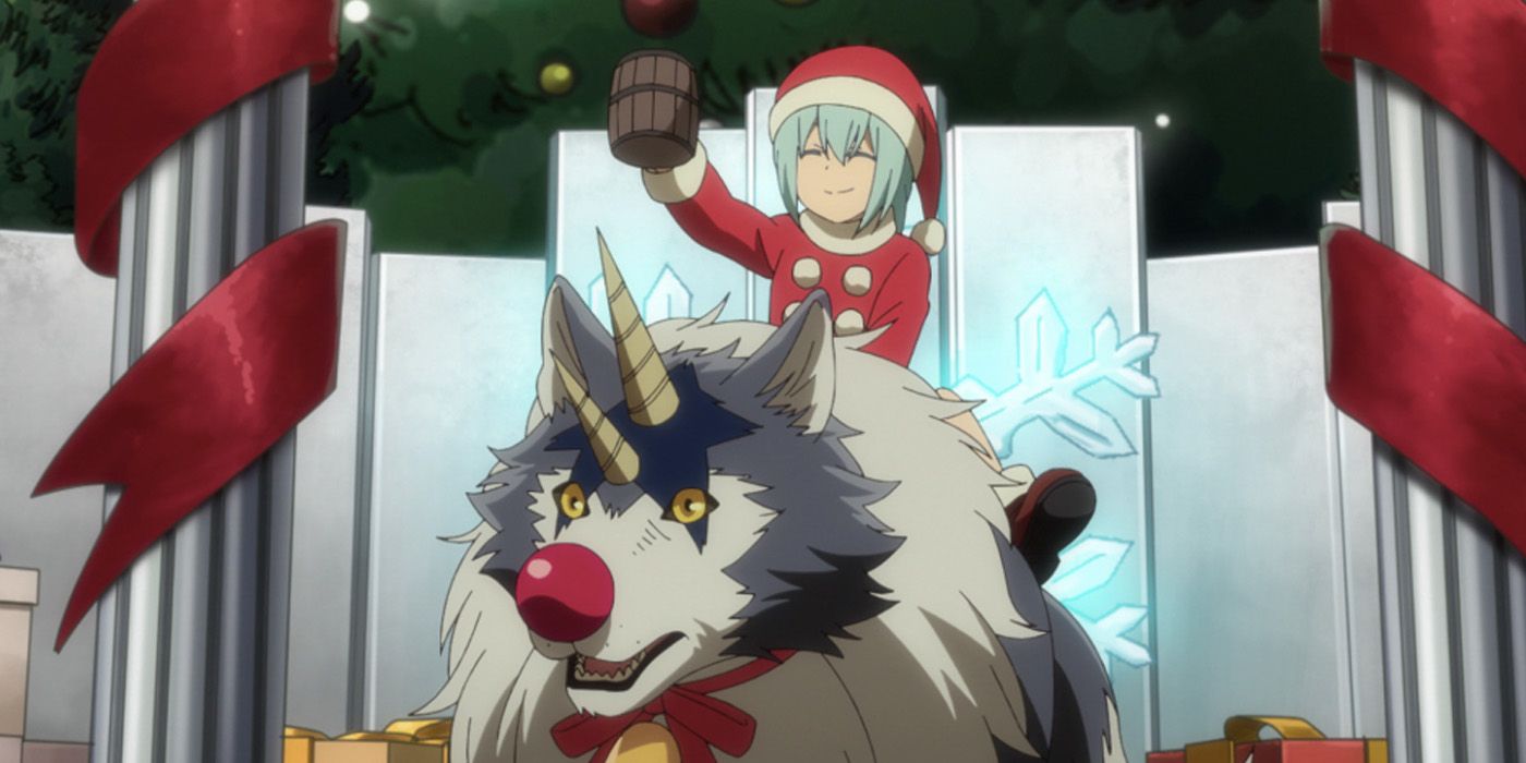 Rimuru sits on Ranga at the Christmas Festival.