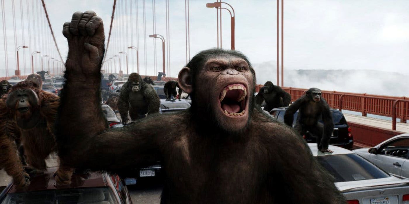 Caesar leads an attack on the Golden Gate Bridge in Rise of the Planet of the Apes