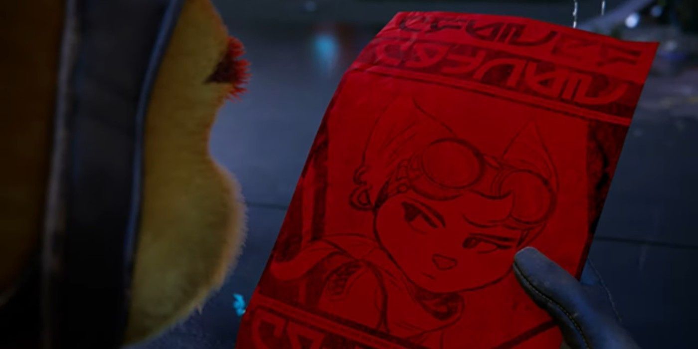 Ratchet looking at a wanted poster of RIvet in Ratchet &amp; Clank: Rift Apart