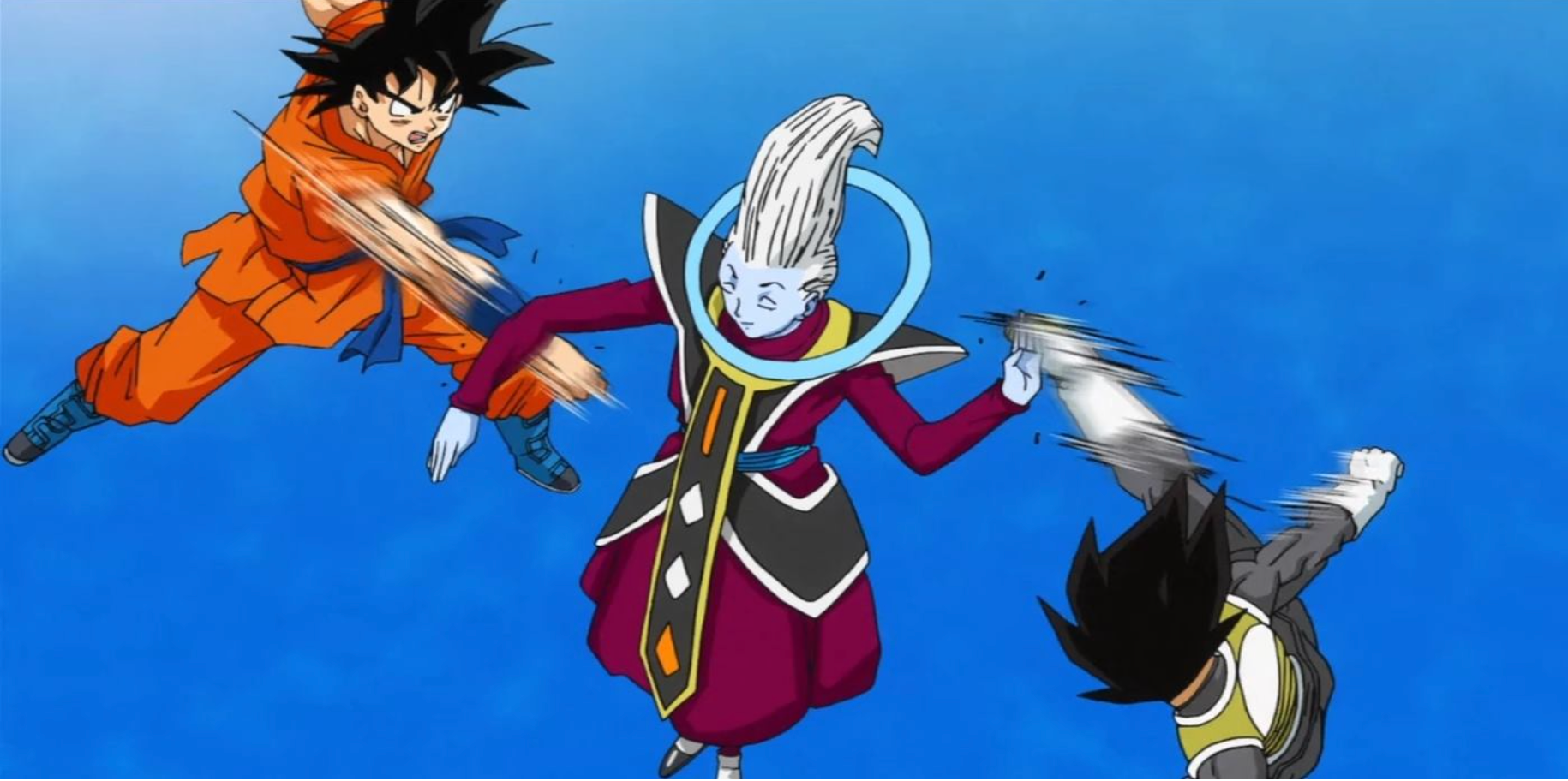 Whis stopping Vegeta and Goku with one hand each