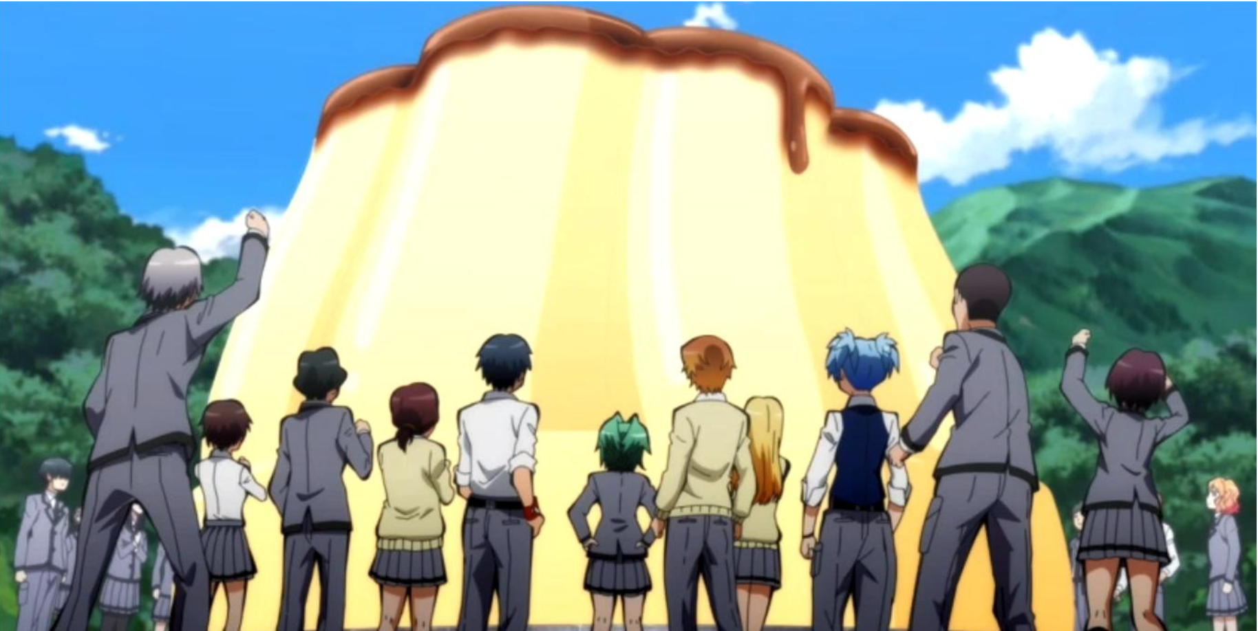 Class 3-E Gazing At Giant Caramel Pudding In Assassination Classroom