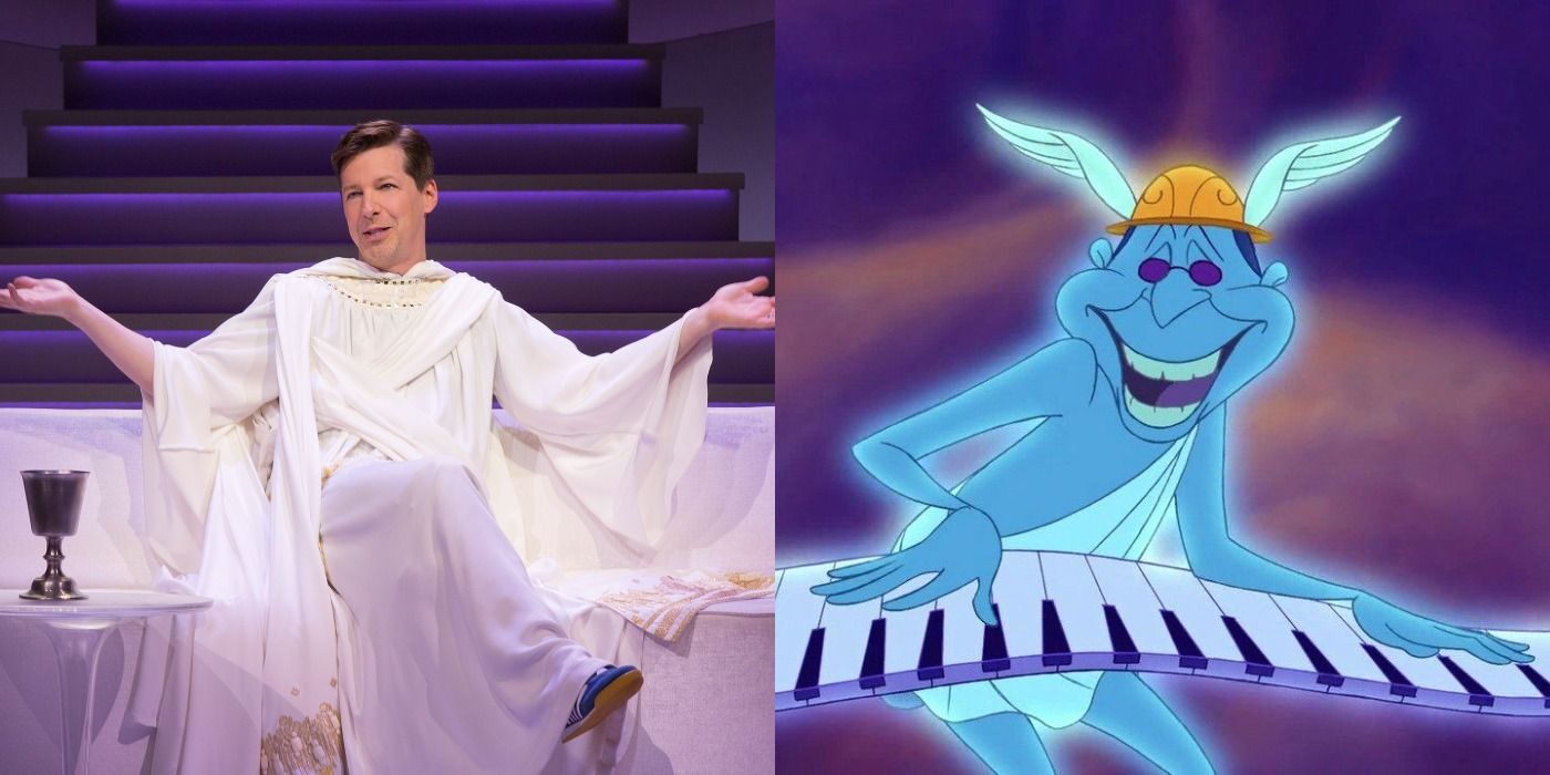 An image of Sean Hayes next to an image of Hermes from Hercules.