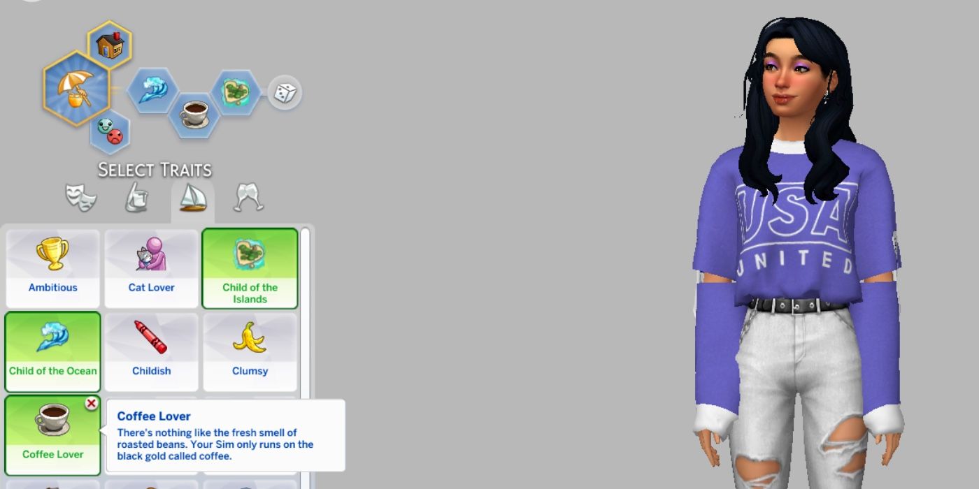 A teenage Sim with unique, custom traits in CAS