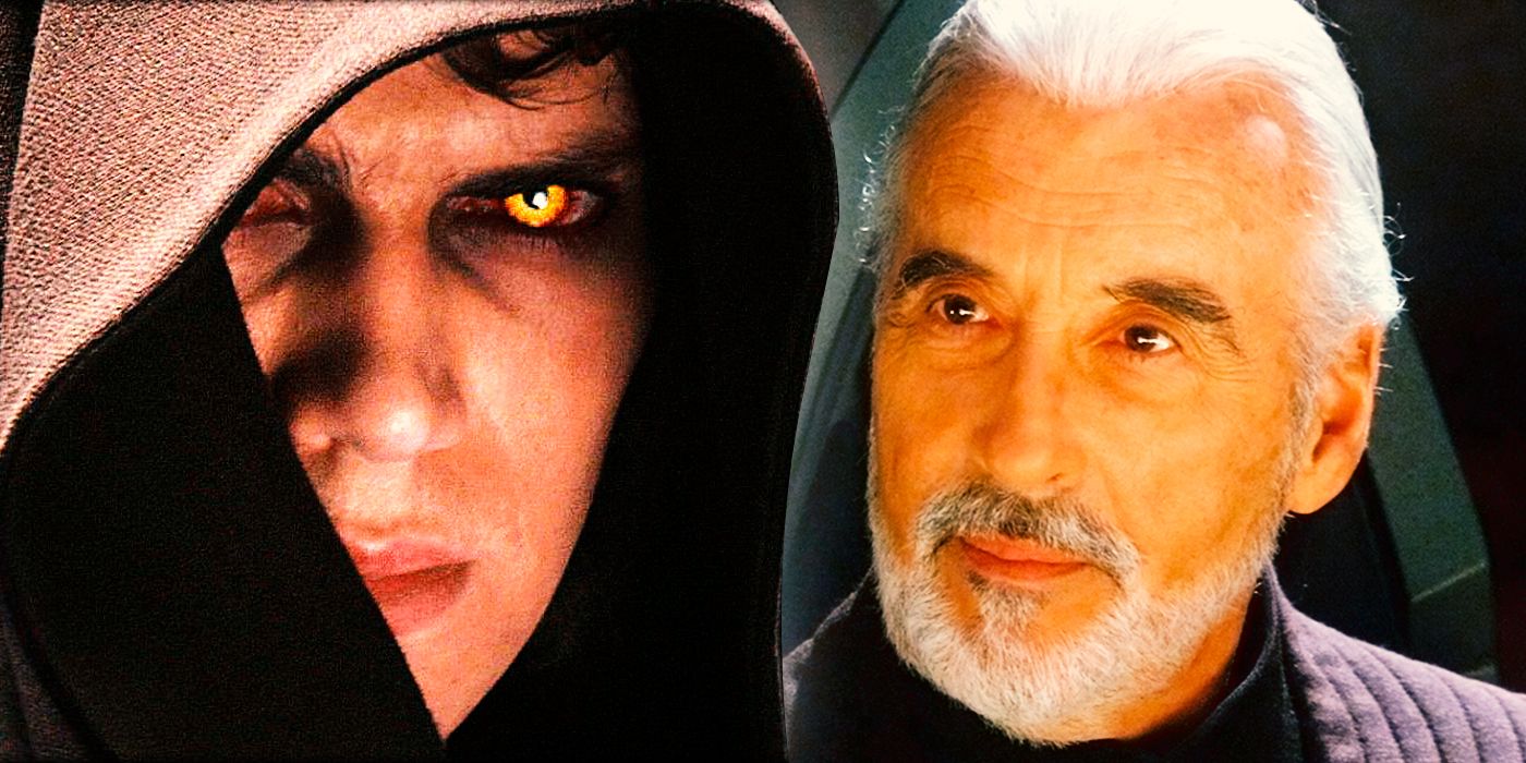 Anakin Skywalker with yellow eyes next to an image of Count Dooku sitting down.