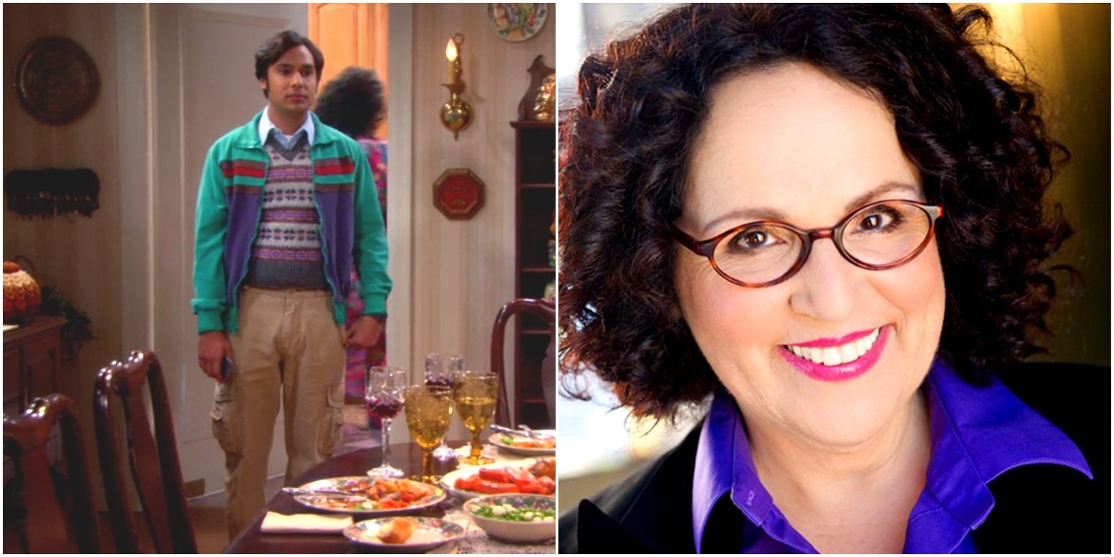 Mrs. Wolowitz with Raj and the actress who voiced her, Carol Ann Susi
