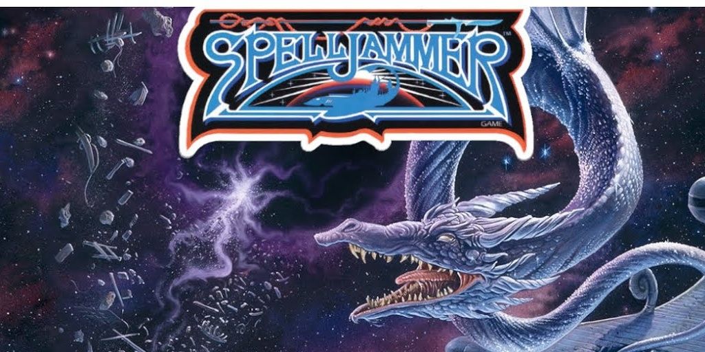 D&D: A Silver Dragon on a Spaceship flying through a nebula with the Spelljammer logo above it