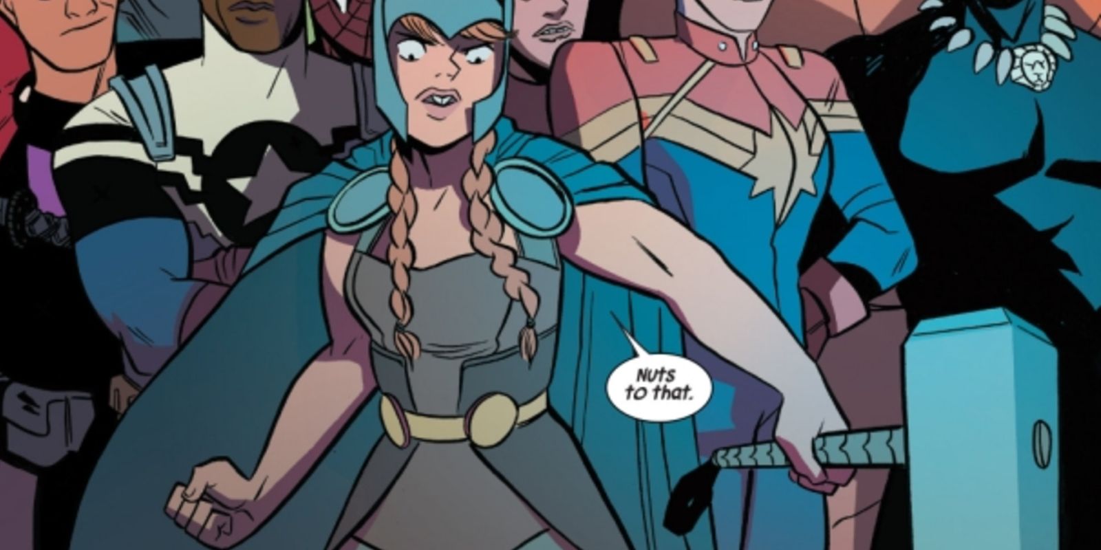Squirrel Girl holding Mjolnir from Squirrel Girl Beats Up the Marvel Universe