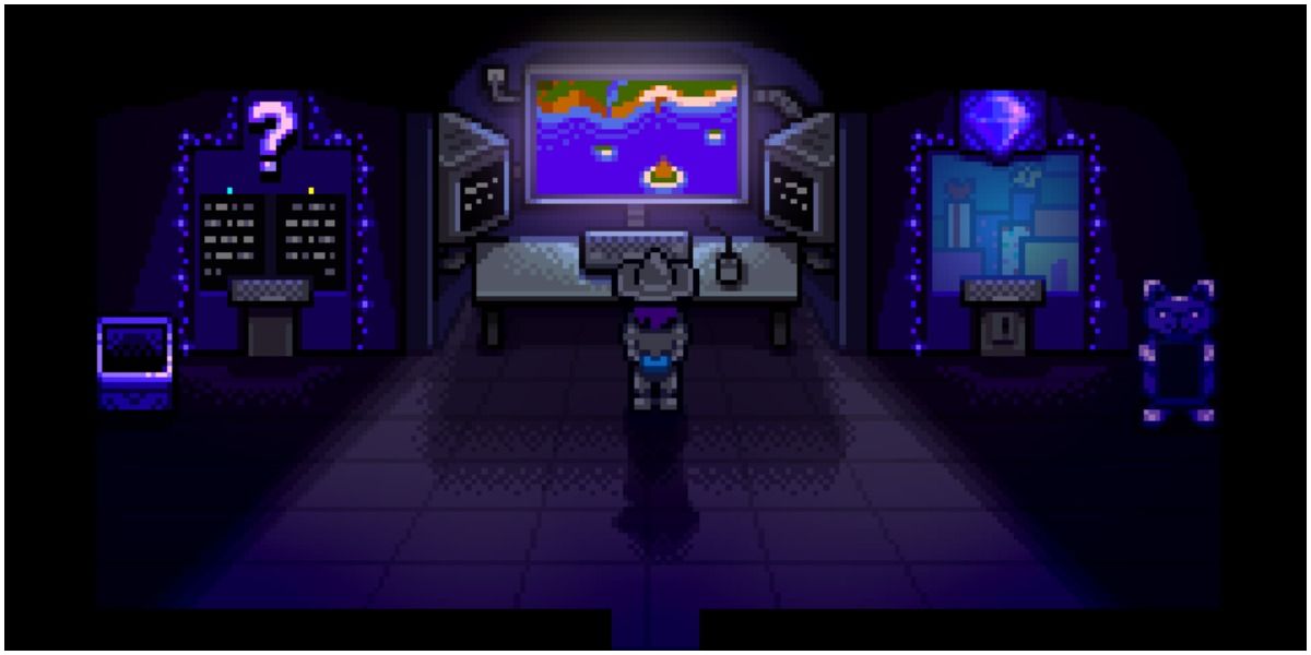Mr. Qi standing in front of a computer screen in Stardew Valley