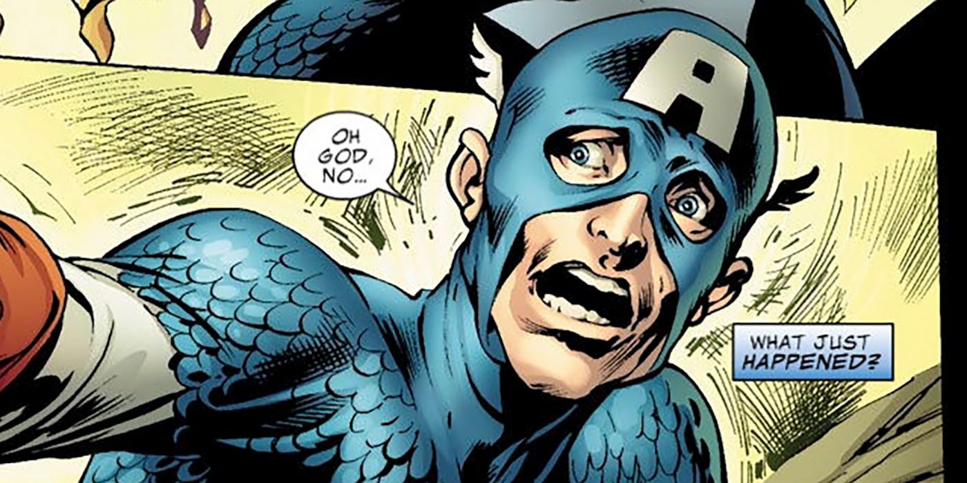 Steve Rogers in his Captain America costume, reaches out for help as his muscles seem to disappear.