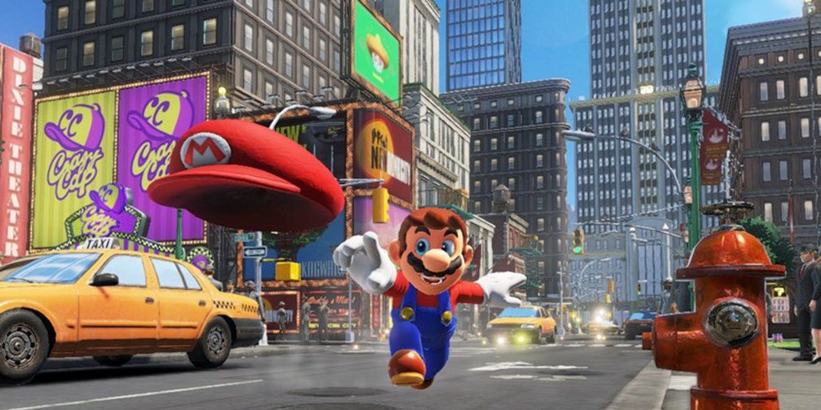 Mario throws Cappy as they both explore New Donk City in Super Mario Odyssey.