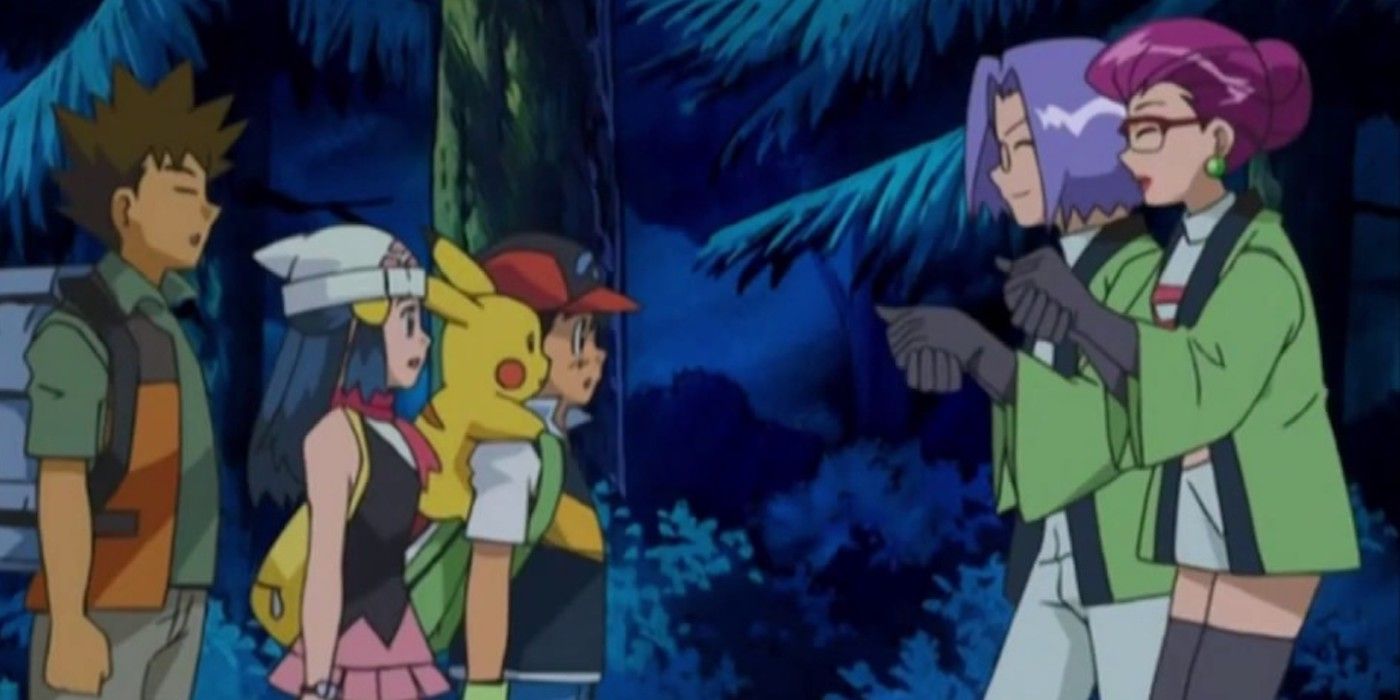 Ash, Brock, and Dawn with Team Rocket in Pokemon