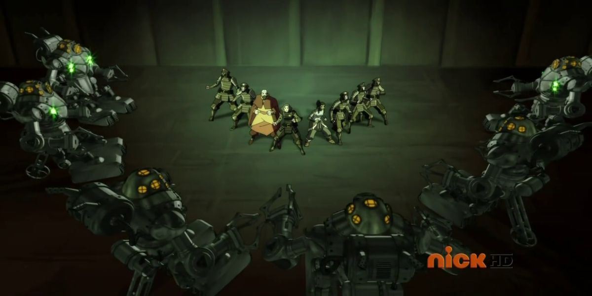 Legend of Korra Tenzin, Korra, Lin, and police officers surrounded by Mecha-tanks