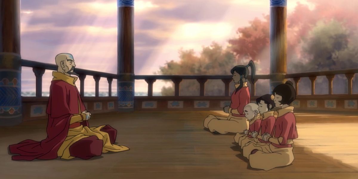 Tenzin his kids and Korra meditating