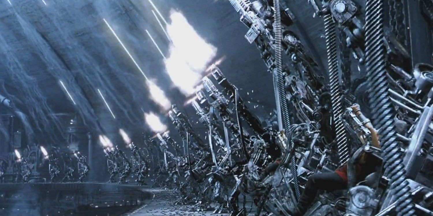 Mechs fire weapons at machines in defense of Zion, Matrix revolutions