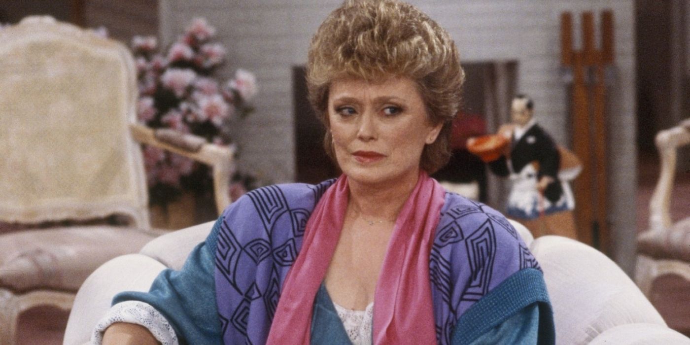 Rue McClanahan as Blanche on The Golden Girls sitting in a white chair