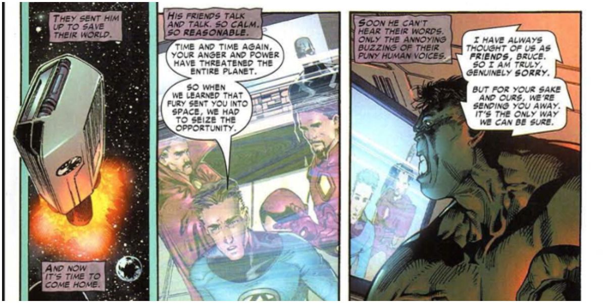 A comic panel showing Iron Man, Doctor Strange, Mr Fantastic, sending the Hulk into space.