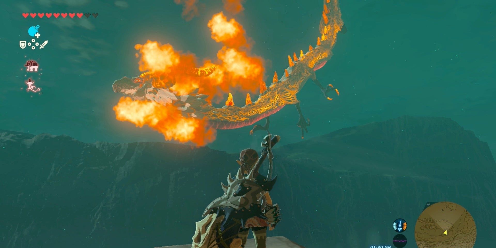 Link shooting an arrow at the dragon Dinraal in The Legend of Zelda: Breath of the Wild