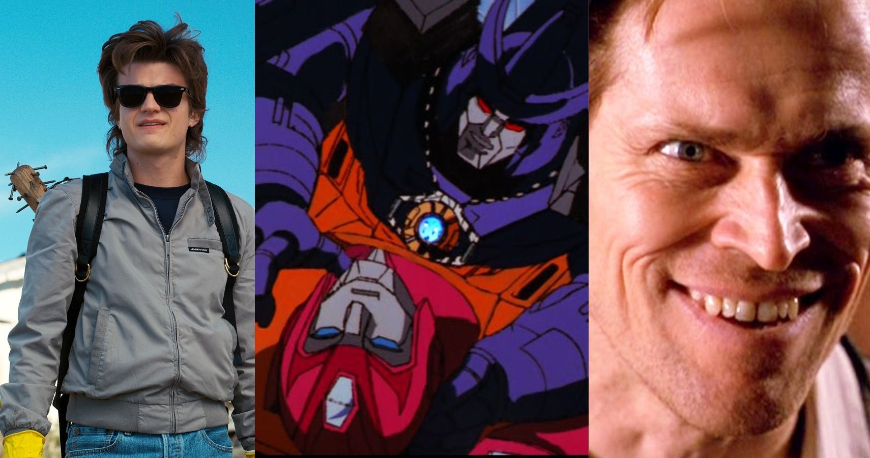 A combined image featuring an image of Hot Rod fighting Galvatronin The Transformers: The Movie, with an image of Willem Dafoe on the right and an image of Joe Keery on the left.