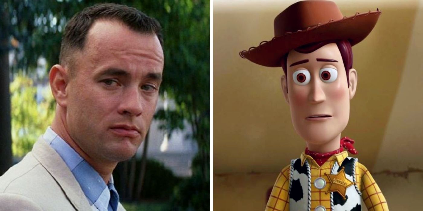 A Split Image Showing Tom Hanks And Woody In Toy Story
