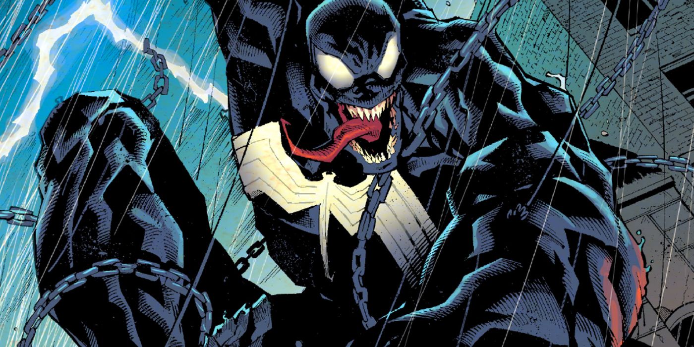 Dylan Brock as Venom with chains flying around the symbiote