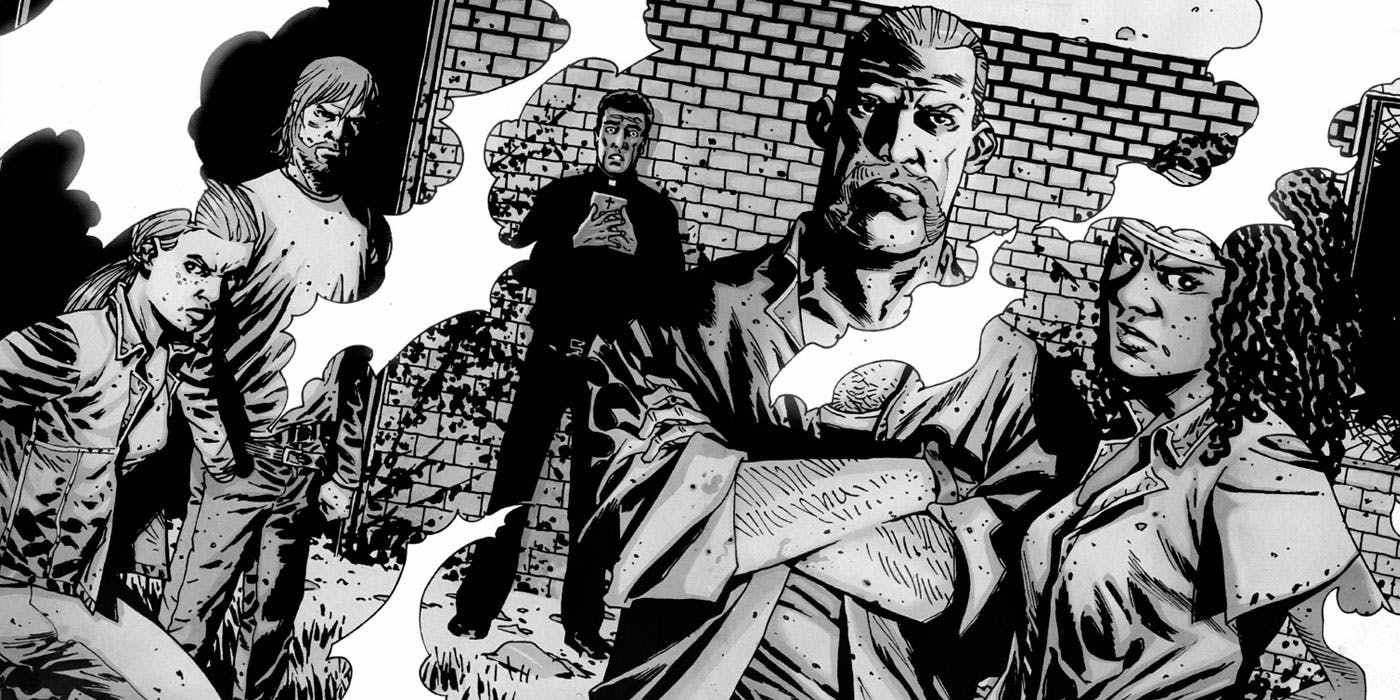 A group of characters trade serious glances in the Walking Dead comics