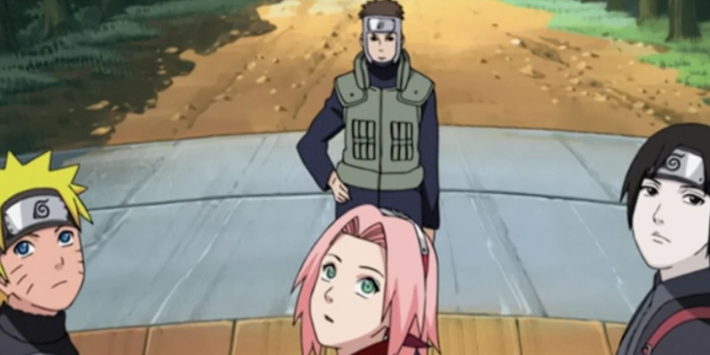 Yamato leading Naruto, Sakura and Sai