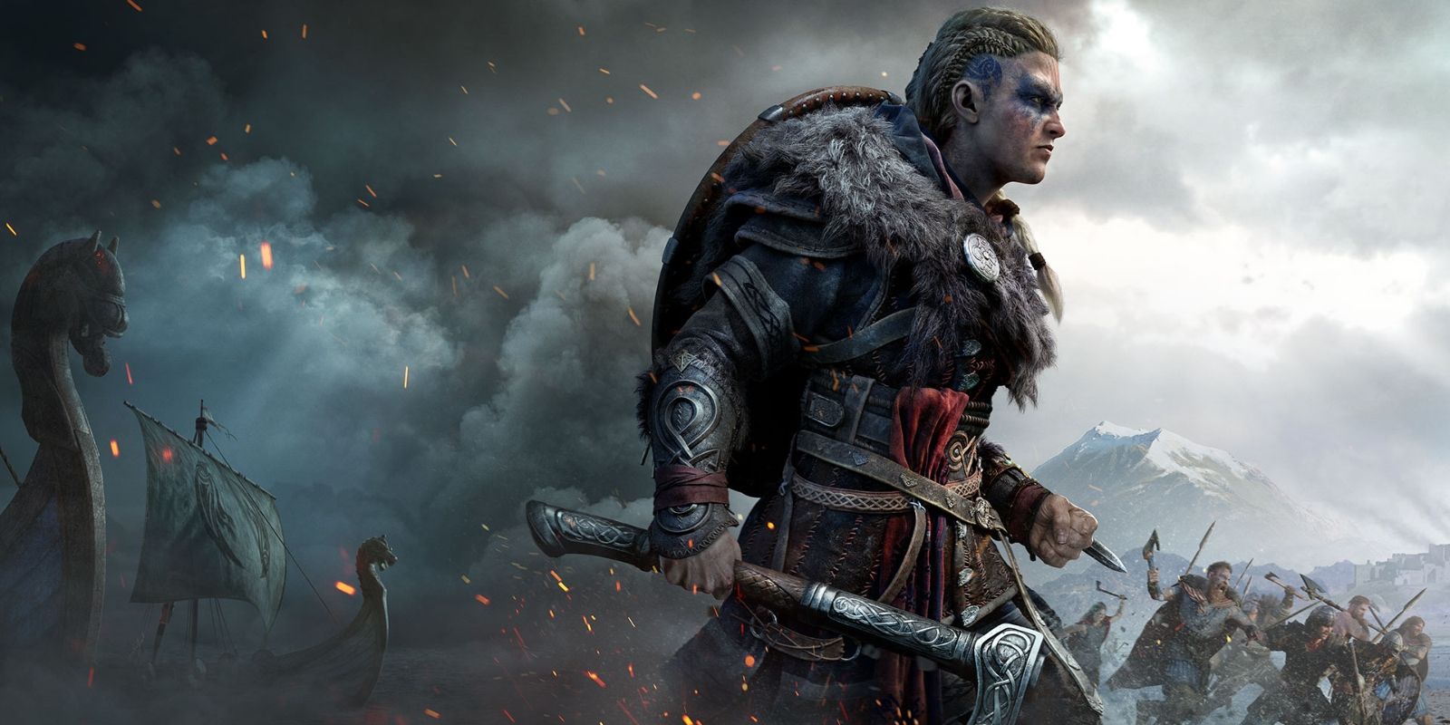 Eivor wields an axe along with other viking warriors in a still for Assassin's Creed: Valhalla