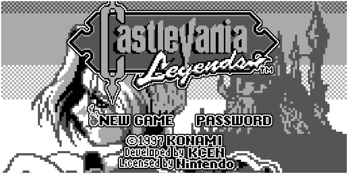 1997's Castlevania Legends Nintendo start screen in black and white