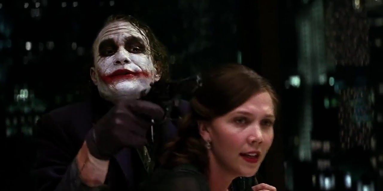 An image of the Joker getting ready to drop Rachel in The Dark Knight