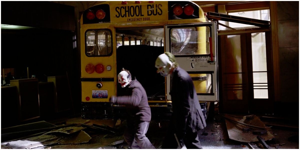 An image of The Joker's goons getting out of the school bus in The Dark Knight