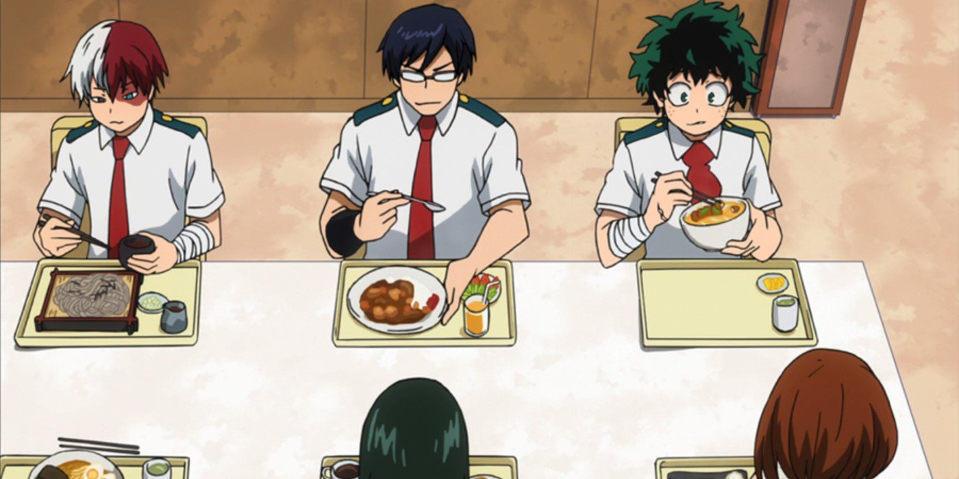 Deku eating in the lunch rush cafeteria