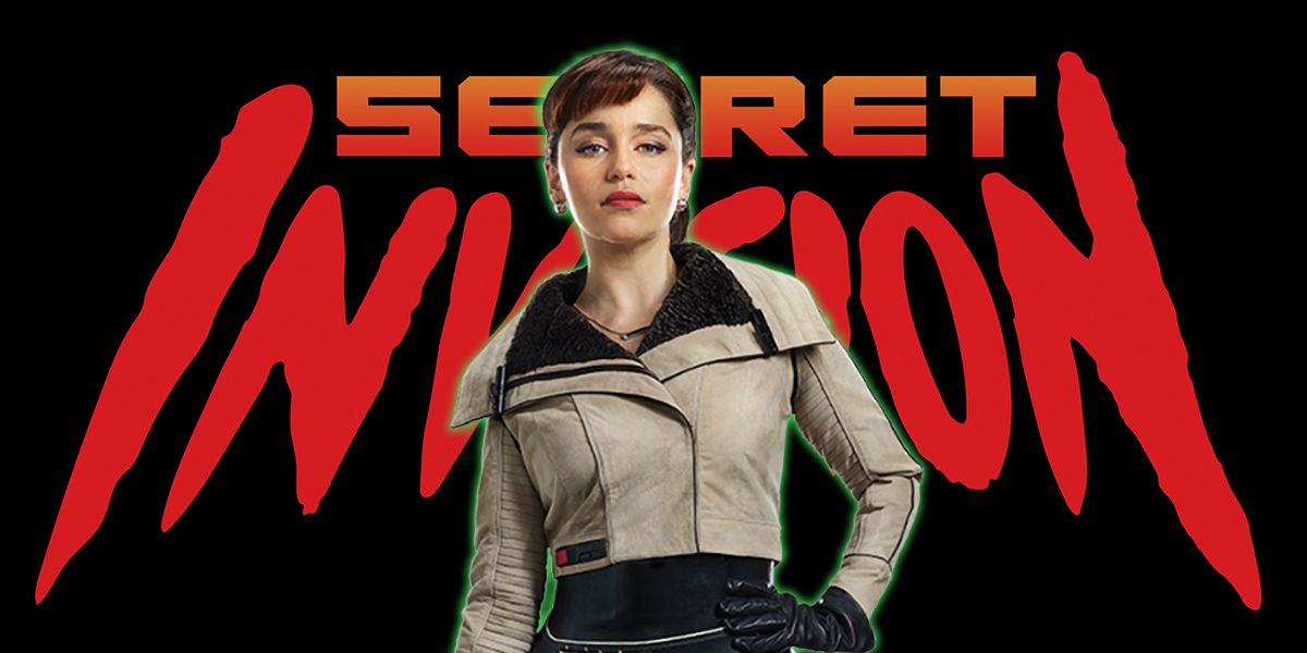 Emilia Clarke in front of the MCU Secret Invasion logo.