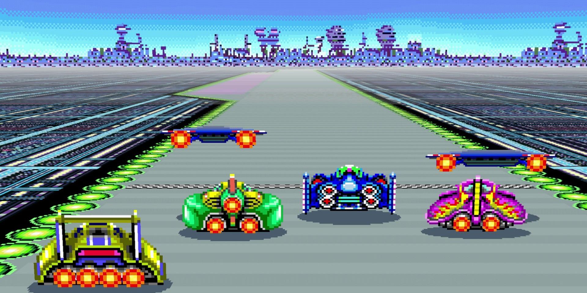 A race gets started in the Super Nintendo's F-Zero