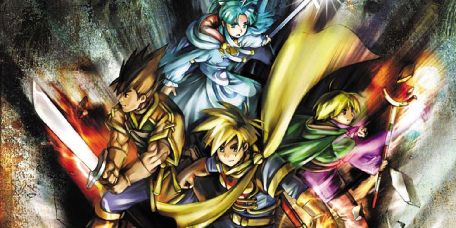 Golden Sun key art featuring the main party of characters poised for battle.
