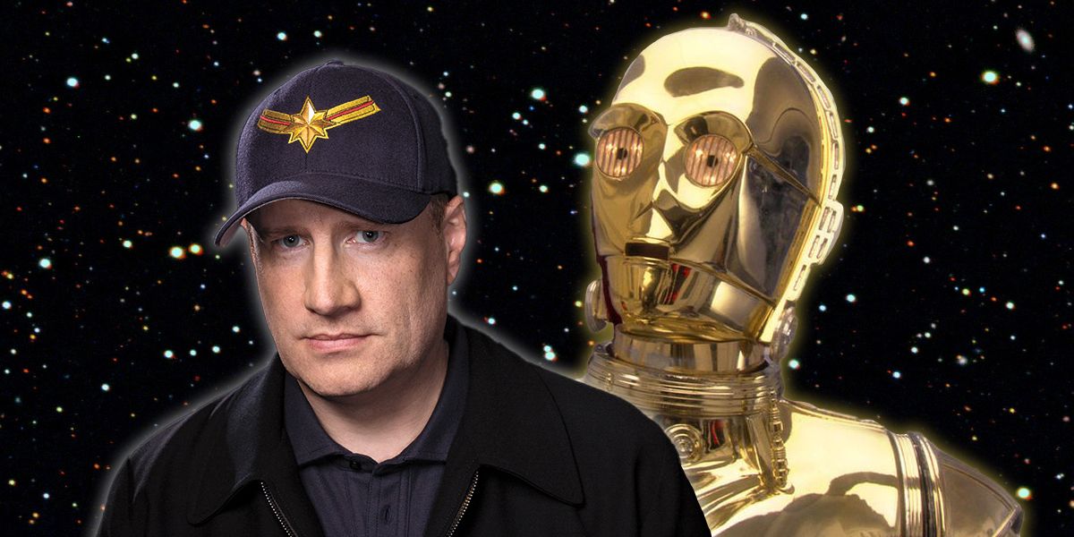 Kevin Feige and C-3PO against a star-filled backdrop