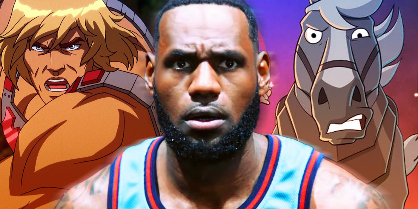 lebron james from space jam new legacy in front of netflix s masters of universe and centaur world