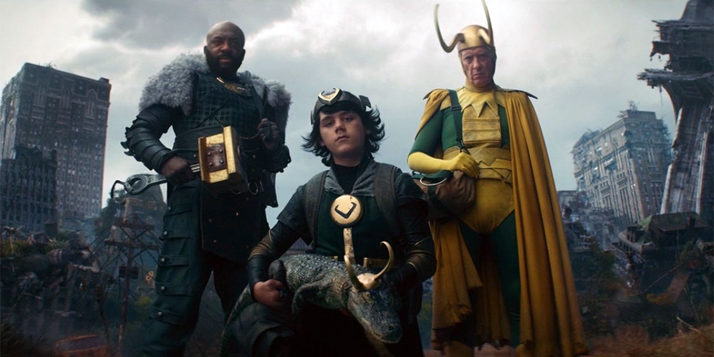 Boastful Loki (Deobia Oparei), Kid Loki (Jack Veal), Classic Loki (Richard E. Grant) and Crocodile Loki in the mid-credits scene of Loki Episode 4