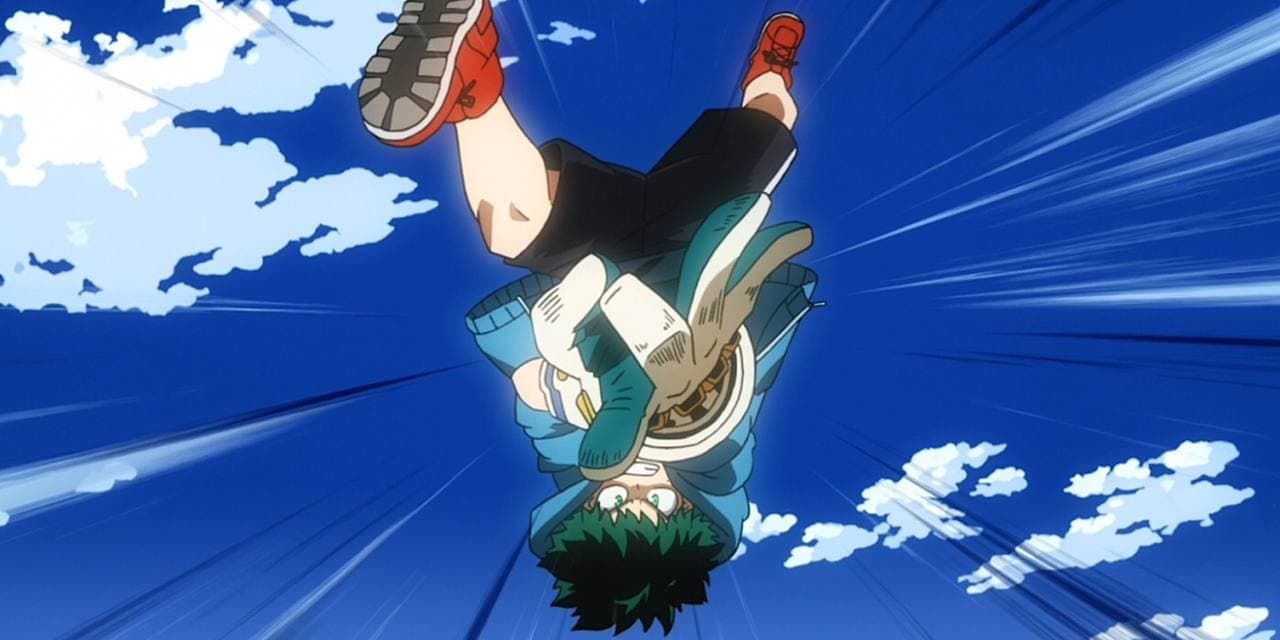 Deku uses the Air Force Gloves to flick a shockwave in My Hero Academia