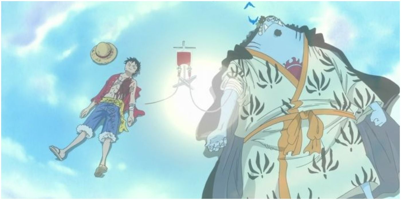 Jinbei saving Luffy in One Piece by giving him his blood.