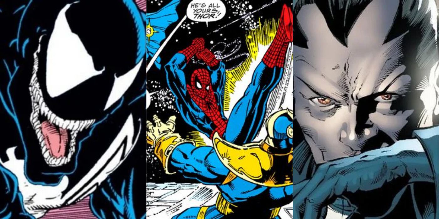 Split image of Venom, Spider-Man fighting Thanos, and Morlun