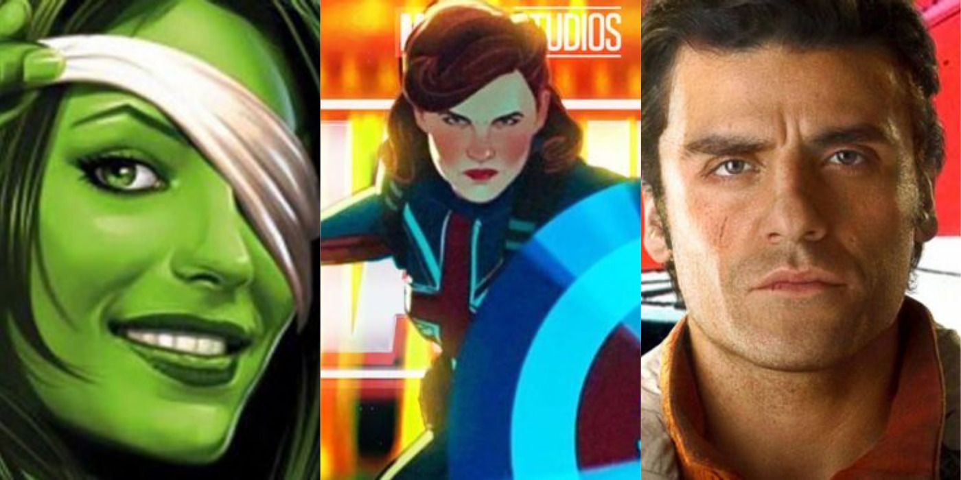 Split image showing She-Hulk, Peggy Carter as Captain America, and Oscar Isaac.