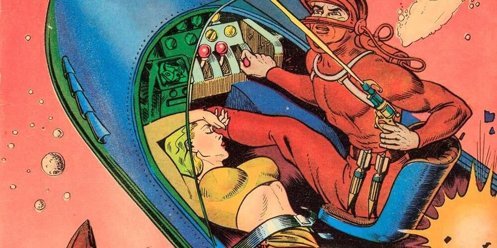 A woman laying on the bottom of a space ship while a man shoots a laser