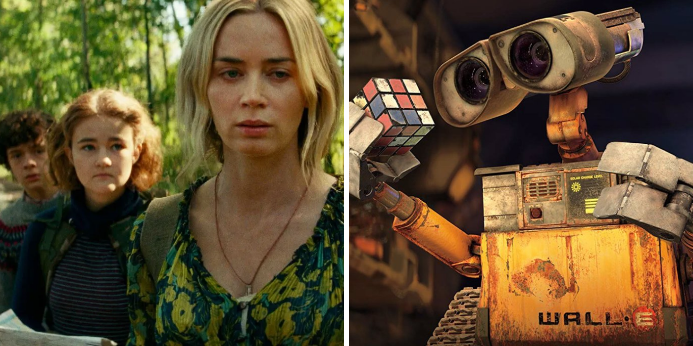 A Quiet Place characters & Wall-E holding a Rubik's Cube