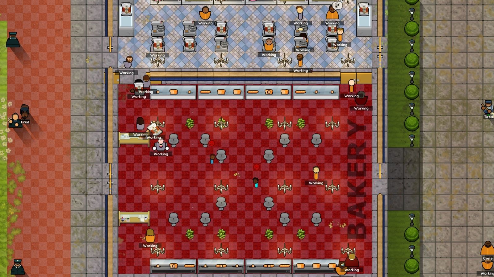 A screenshot of inmates working in a Bakery in Prison Architect: Second Chances.