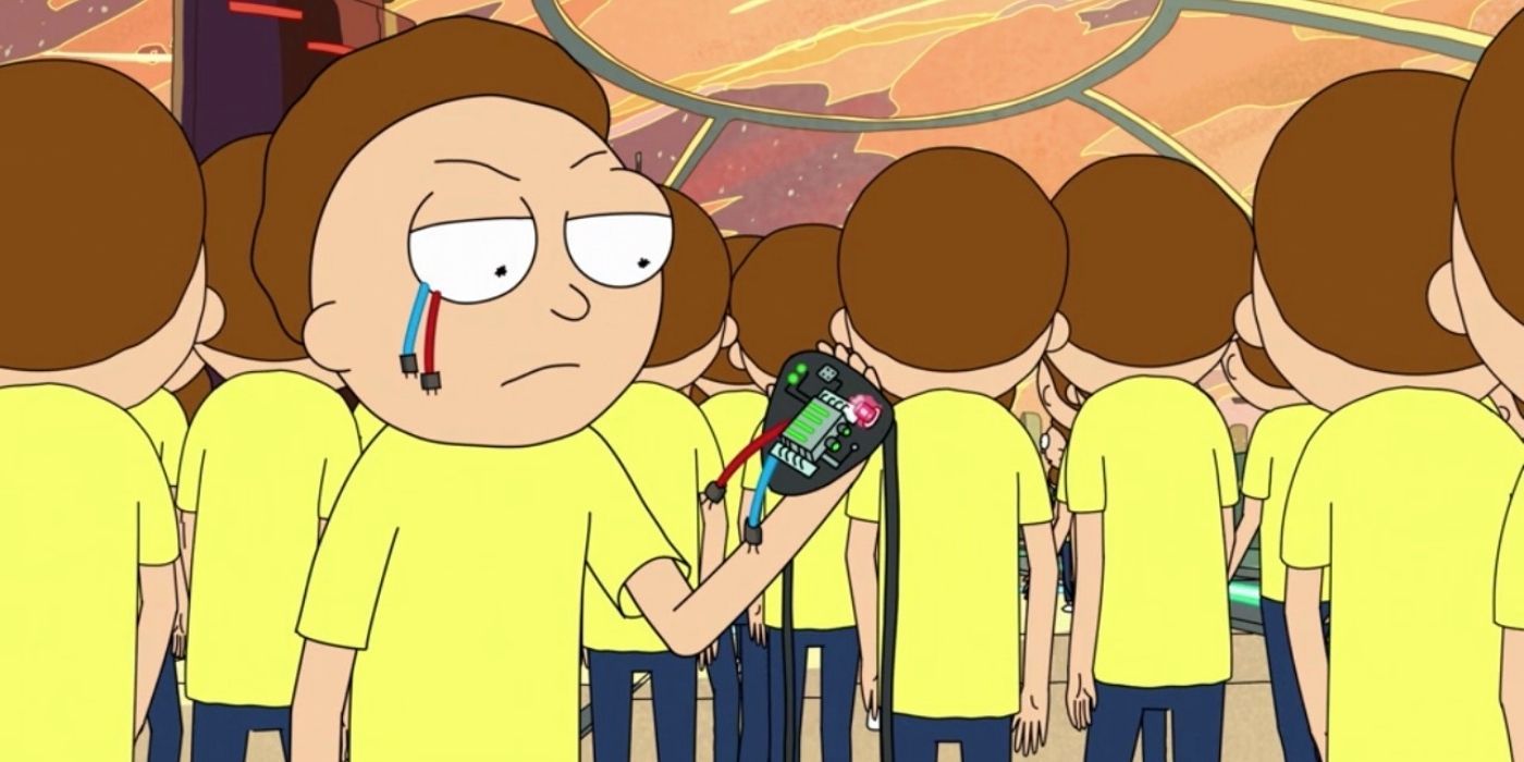 Evil Morty is revealed amid a crowd of Mortys in Rick & Morty.