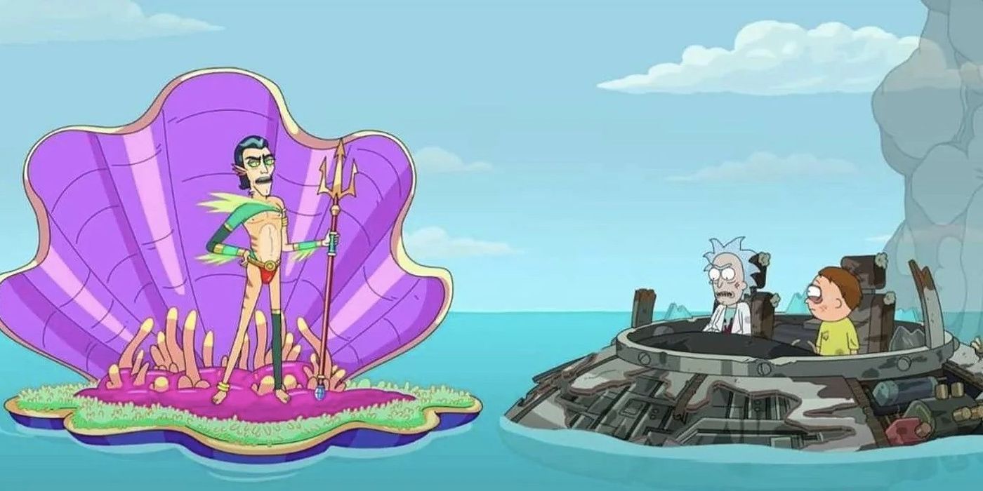 Rick and Morty in a spaceship in the water by a man holding a trident in a shell in Rick & Morty.