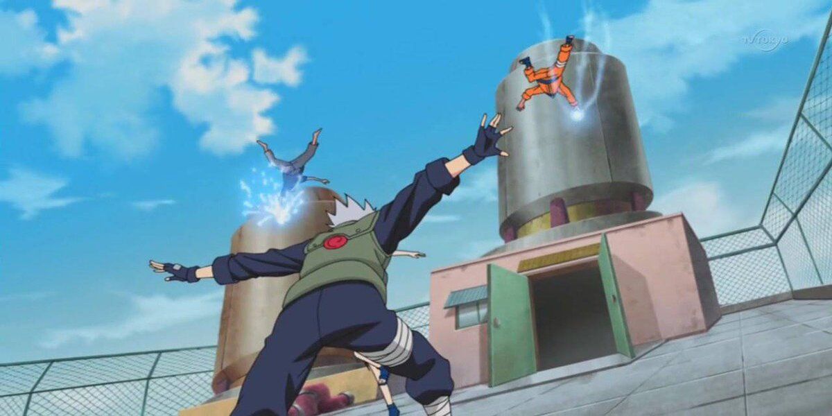 Naruto, Sasuke, and Kakashi fight on the hospital roof in Naruto.