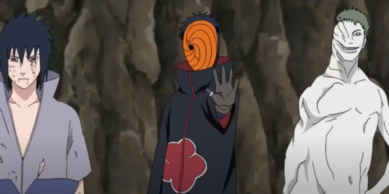 Sasuke, Obito as Tobi, and Zetsu stand together in Naruto Shippuden