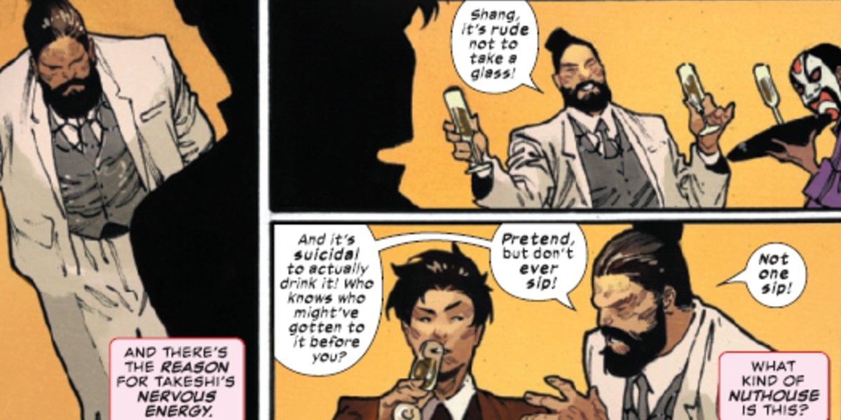 Deadly Sabre giving Shang-Chi a glass of champagne so as not to be rude to their host, then telling him to only pretend to drink it.
